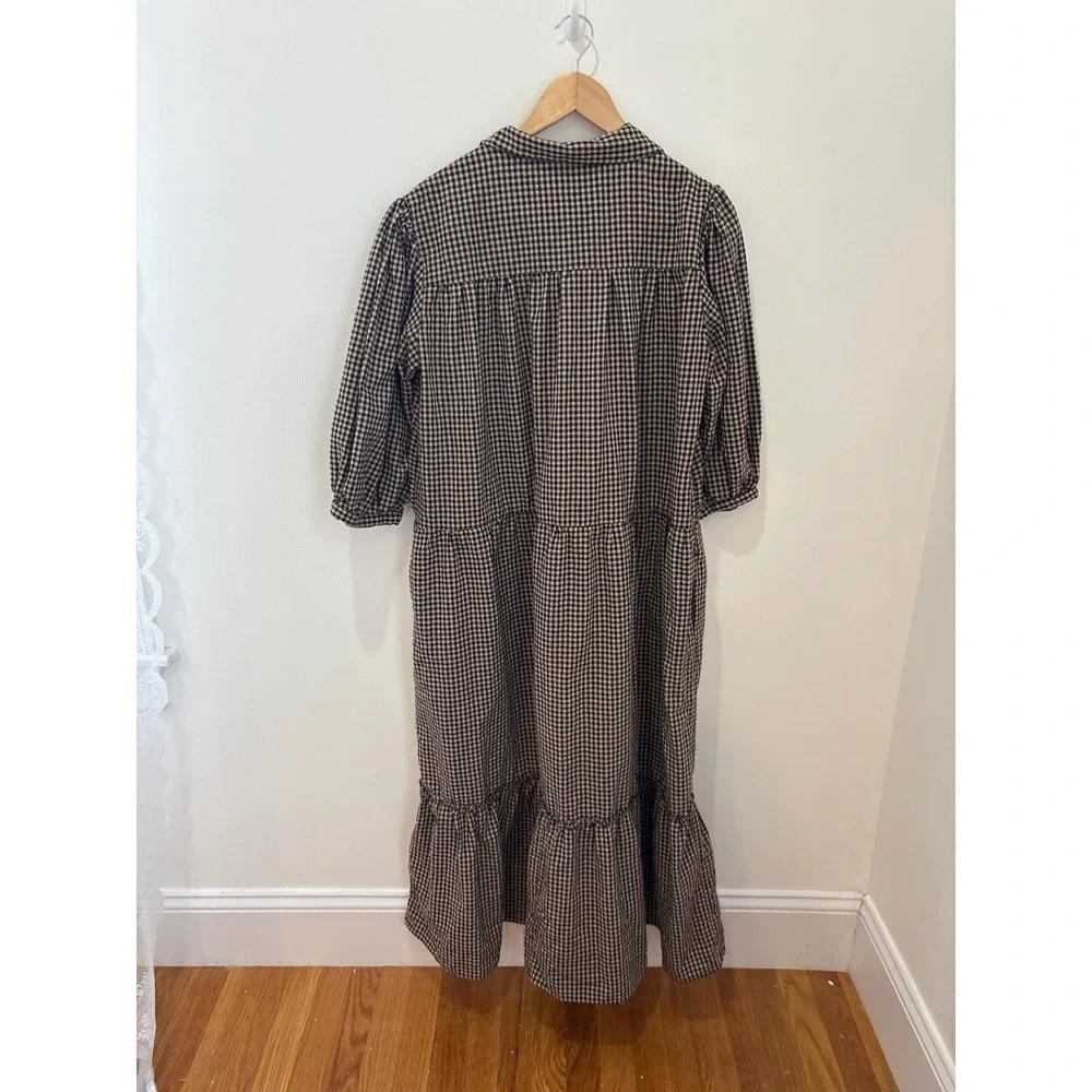 Esby Philippa Gingham Tiered Midi Dress Black Cream Puff Sleeve Large - Picture 4 of 6